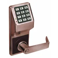 Electronic keyless lockset with keypad access and clutch lever style. Bronze finish. ADA compliant. Supports key override with standard core or interchangeable core. Suitable for commercial and institutional doors requiring keyless entry and accessibility