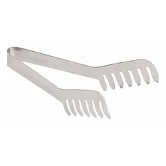 Stainless steel serving tongs with a silver finish, measuring 8 inches in overall length and 1 1/2 inches in overall width. Suitable for handling pasta, salads, and other foods in kitchen settings. Not dishwasher safe.