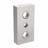 This non-adjustable drop-in base plate is designed for mounting threaded-stem feet and casters onto double extrusion profiles. Made of anodized aluminum with a 7/16"-14 center tap thread, it measures 3 in x 1 1/2 in x 3/4 in. Fasteners are not included. Typical applications include industrial framing, workstations, and conveyor systems