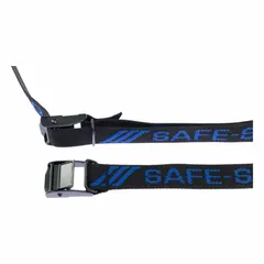 Hose bundling strap with buckle closure, black polypropylene strip and steel buckle. Used for organizing and securing hoses in industrial settings. Reusable fastening solution for hose management.