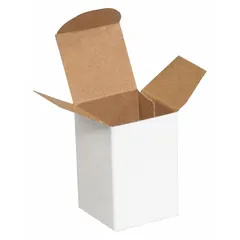 White reverse tuck cartons with inside dimensions of 1 1/2 in length and 1 1/2 in width. Sold in packs of 1,000. Suitable for packaging small industrial parts and supplies for storage and transport.