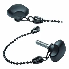 This tethered 3-arm knob features an M10 threaded steel stud and a black plastic body. The 200 mm black tether and seal are made of POM-based technopolymer. It is used for manual clamping and adjustment on industrial machinery where a captive fastener prevents loss or contamination.