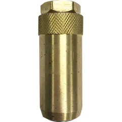 This heavy-duty tire chuck is designed for aviation inflation applications. It features a straight lock-on, single-head configuration with a brass body and gold finish. The 1/4 in FNPT thread provides a secure connection for tire filling in demanding environments.