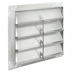 This wall-mount backdraft damper prevents reverse airflow when the fan is off. It features a single-panel, flat blade design with horizontal airflow and vertical mounting. Suitable for use with an 18-inch fan in ventilation systems requiring horizontal airflow direction. Maximum air velocity is 2500 fpm.