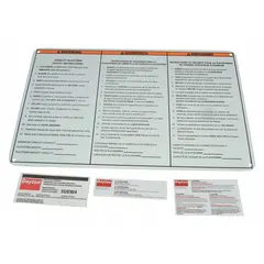 Replacement identification label kit for forklifts. Contains essential labels for controls, capacities, and safety warnings. Compatible with part number 5UEW4.