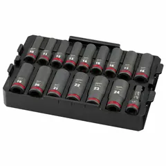 This 15-piece socket set includes 6-point deep sockets in metric/SAE sizes from 10 mm to 24 mm with a 1/2 in drive. Designed for use with impact wrenches and ratchets in fastening and loosening bolts and nuts. Features friction retention and is part of the PACKOUT system.
