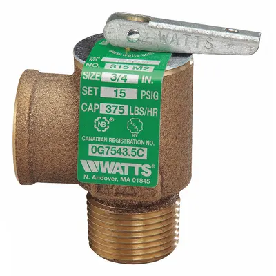 Watts Steam Safety Relief Valve: MNPT x FNPT, 3/4 in x 3/4 in, Bronze - ASME Section IV Steam Pressure Relief Valves
