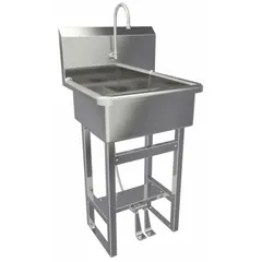 This one-station freestanding hand sink with faucet is constructed from 16 ga stainless steel. It features a 20 in bowl length and 9 in bowl depth, with a 2 gpm flow rate. Suitable for commercial kitchens, food service areas, and industrial wash stations where hand hygiene is required. Side splash not included.