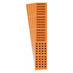 Adhesive pipe markers for identifying pipes carrying sulfur dioxide. Orange background with black legend text and directional arrows. Each pack contains 5 markers (3 pipe markers) for pipes with outside diameter of 3/4 inch and smaller.