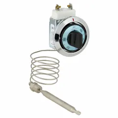 Electric thermostat with a 200 to 400 dial and 36-inch capillary, operating on 5V DC input. Designed for temperature control in cooking equipment such as ovens and fryers.