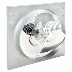 Standard direct-drive panel exhaust fan with a 12-inch blade, 1/30 hp motor, and 912 cfm airflow at 115V AC single phase. Galvanized steel frame with stamped construction. Totally enclosed air-over motor with Class B insulation. Includes intake guards. Suitable for general ventilation in industrial and commercial facilities.