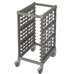 Composite plastic half-size sheet pan rack with 12 slots spaced 3 in apart, designed for 13 x 18 in pans. Holds up to 175 lb, NSF certified, and non-nesting. Suitable for organized storage and transport of sheet pans in commercial foodservice environments.