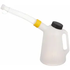 Translucent measuring container with 1 qt fluid capacity, 4 1/2 in overall diameter, and 6 3/4 in overall height. Features a flexible pour spout for controlled dispensing. Used for precise measurement and transfer of fluids in maintenance and workshop settings.