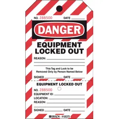 Polyester danger tag with write-on surface, printed in English with 'Danger' legend. Used in lockout/tagout procedures to warn personnel of hazardous energy during equipment maintenance or servicing.