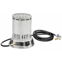Portable gas convection can heater with 25,000 BtuH output, heating up to 600 sq ft. Fuel consumption is 1.16 lb/hr. Dimensions: 12-7/8 in H x 11-5/8 in W x 11-5/8 in D. Suitable for temporary or supplemental heating in construction sites, workshops, and warehouses.