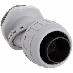 Nylon, non-insulated, gray adjustable-angle liquid-tight conduit fitting with 1 in trade size and 1 in MNPT connection. Adjusts from 0° to 90° for use with Flexible Liquid Tight Non-Metallic Type B Conduit. UL 514B listed. Used to connect and seal conduit to electrical enclosures or junction boxes, protecting wiring from moisture and debris.