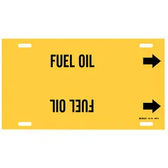 Yellow strap-on pipe marker with black legend reading 'Fuel Oil' and directional arrows. Fits pipe outer diameters from 8 to 9-7/8 inches. Used to identify fuel oil lines in piping systems, indicating flow direction for maintenance and safety.