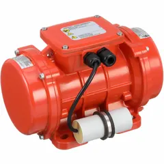 This electric vibrator operates at 115V AC, drawing 3.43 A, with a vibration frequency of 3600 vpm. It features a totally enclosed nonventilated design suitable for dusty or wet conditions. Typical applications include moving bulk materials in hoppers, chutes, and screens.