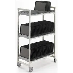 This CAMBRO drying rack cart features three shelves with seven slots for organizing trays and sheet pans during air drying. With a 600 lb load capacity and NSF certification, it is suited for commercial kitchen and food service environments where sanitation and heavy-duty storage are required.