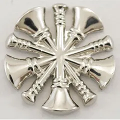This metallic insignia displays the Chief Fire Bugles rank designation. It measures 3/4 in, is silver in color, and constructed from metal. The clutch-pin attachment secures to uniform collars or lapels. Suitable for fire service personnel to denote senior leadership rank on dress or duty uniforms.