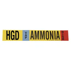 Ammonia adhesive pipe marker for industrial refrigeration systems. Identifies HGD (Hot Gas Defrost) lines in VAP phase at high pressure. Fits pipe O.D. 2-1/2 to 7-7/8 in. Supplied without arrows. Includes 1 marker.