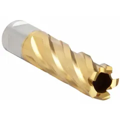 This annular cutter is made of high-speed steel with a titanium nitride (TiN) coating for extended tool life. It has a 7/8 in cutter diameter and a maximum cutting depth of 2 in, with a Weldon Flat shank for secure mounting. Suitable for general cutting applications in metal, including structural steel, plate, and pipe.