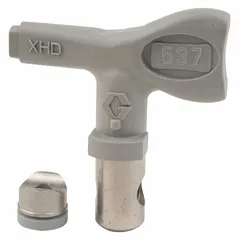 Airless spray gun tip with 0.037 in orifice size, designed for applying paints, lacquers, and other coatings. Compatible with GRACO XHF series spray guns and model XHD001. Gray finish.
