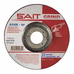 General purpose grinding wheel for carbon and stainless steel. Type 27 depressed center design with aluminum oxide abrasive, 24 grit, and A24N bond. Suitable for material removal, weld blending, and edge chamfering in fabrication and maintenance tasks.