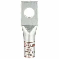 One-hole compression lug for terminating 2 AWG stranded copper wire. Standard type, copper construction. Used in power distribution, control panels, and equipment installations requiring secure electrical connections.
