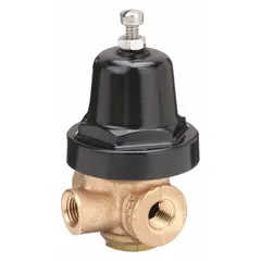 This brass pressure regulator reduces and stabilizes inlet pressure to a set outlet range of 2 psig to 30 psig. It features 1/4 in FNPTF x FNPTF connections and a maximum operating temperature of 180°F. Suitable for use in water, air, or light oil systems requiring precise downstream pressure control.