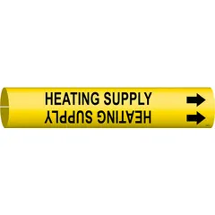 Snap-on pipe marker for identifying heating supply lines. Yellow background with black legend text. Fits pipe outer diameters from 3/4 to 1-3/8 inches. Includes arrows to indicate flow direction. Supplied as a single marker.