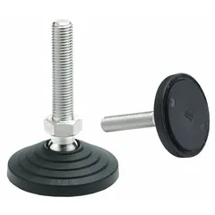 ESD-conductive male leveling mount with M8 thread size, 60 mm length, and 14,000 N load capacity. Zinc-plated finish, round base, includes No Slip Disk, 0.55 in hex size. Used for leveling and grounding machinery or workstations to prevent electrostatic discharge buildup.