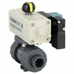 This 1/2-inch PVC pneumatically-actuated two-way ball valve features a double-acting actuator that requires air pressure for both opening and closing. It is suited for on/off flow control in industrial piping systems handling corrosive fluids, such as in chemical processing and water treatment. The valve body is PVC, and the actuator does not include a pilot solenoid voltage.