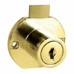 This vertical round deadbolt lock is designed for cabinet and drawer applications. It features a brass body with a gold finish, keyed alike under code C415A. Body height is 1 1/2 in and body width is 1 3/4 in. Note: cam is not included.