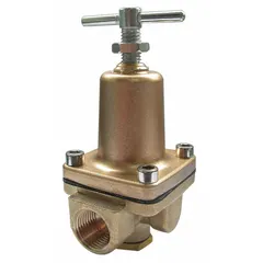 This brass water pressure regulator reduces and stabilizes incoming water pressure in plumbing and HVAC systems. It features 1/4 in NPT x NPT connections and an adjustable range of 3 psi to 50 psi, suitable for low-flow applications requiring precise pressure control.