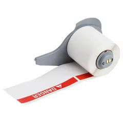 Vinyl danger warning labels in black/red/white, sized 1 29/32 in x 4 in and 4 in x 1 29/32 in, with acrylic adhesive. Compatible with BMP71 printer series. Used for hazard identification and safety labeling in industrial environments.