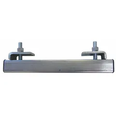 Steel clamp-type end stop for festoon systems, compatible with W6 x 9 I-beams. Provides a secure stopping point for festoon trolleys on an I-beam track, preventing run-off in material handling applications.