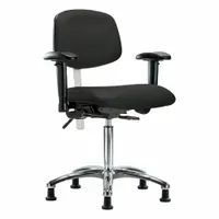 This vinyl cleanroom task chair is rated ISO 5 for use in controlled environments requiring particle control. It features an aluminum base, adjustable height from 21 1/2 in to 29 in, and a seat width of 18 1/2 in. The chair includes arms and offers back tilt from 10.5° forward to 13.5° backward and seat tilt from 8° forward to 3° backward. Not ESD safe and without foot support