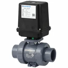 This PVC electrically-actuated ball valve is a straight, two-way valve with a 1-inch port. It operates on 120V AC and includes an auxiliary limit switch for position feedback. Suitable for automated flow control in corrosive fluid handling and water treatment applications.