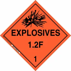 This BRADY placard measures 10 3/4 inches by 10 3/4 inches and displays the message 'Explosives 1.2 F 1'. It is used for identifying Class 1 explosives during transport, storage, or handling to meet hazardous material labeling requirements.