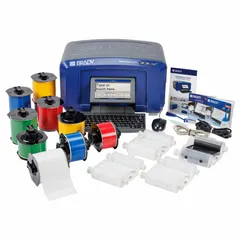 PC-connected/standalone, multi-color thermal transfer printer for pipemarking identification. Includes Brady Workstation Safety and Facility Identification Software Suite, mouse, and B30C-2250-595-GN 2.25 in continuous green vinyl labels. Used to produce durable pipe markers for industrial facilities.