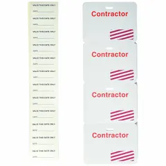 Paper clip-on ID badge with white background and red legend. Each badge measures 3 inches in height and 4 inches in width. Supplied in a pack of 500. Suitable for temporary identification of visitors, contractors, or personnel in facilities requiring visible access control.