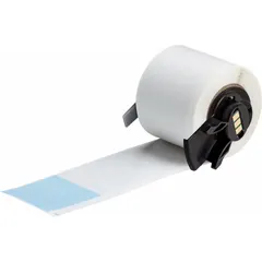 Blue matte vinyl precut wraparound label measuring 6 in x 1 1/2 in, designed for wire diameters from 0.64 in to 1.43 in. Compatible with M611 printer series using M61-R4310 ribbon. Used for identifying wires and cables in industrial environments.