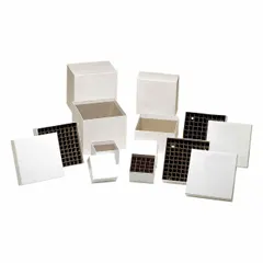 Cardboard freezer box with lid, 5 1/4 in overall width. Designed for cold storage organization of vials or tubes in laboratory freezers. Compatible with ARGOS TECHNOLOGIES models RD442A, RF442A, RFE442A, and RFS442A.