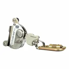 This trailing cable sleeve is a component for ladder lifeline systems, designed to attach a worker's lanyard to a 3/8 in steel cable. It features automatic pass-through operation, allowing hands-free climbing while maintaining fall protection. The sleeve includes a carabiner and has a capacity of 310 lb.