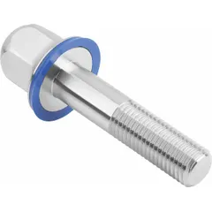 This crowned flanged hex head bolt features an FDA-approved pre-mounted sealing washer for hygienic joints. Partially threaded M12 with 30 mm minimum thread length. Suitable for sanitary applications requiring stainless steel hardware.
