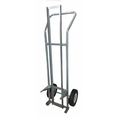 This bucket hand truck is designed for transporting 5-gallon drums. It is fully assembled and features a gray finish. Typical applications include moving drums in industrial, warehouse, or maintenance settings.
