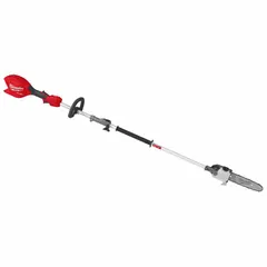 This battery-powered pole saw operates on an 18 V system and features a 10-inch blade. The adjustable reach ranges from 7 ft to 10 ft, allowing overhead trimming and pruning of tree branches from the ground. Supplied as tool only, without battery or charger.