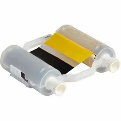 Resin ribbon for printing two-color labels on compatible Brady printers. Black/yellow formulation provides scratch-resistant markings for industrial identification and safety signage. RoHS compliant. Compatible with BBP35 and BBP37 printer series.