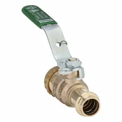 This 1/2 in bronze, straight, two-piece ball valve features press x press connections and a locking lever handle. It includes a dust cap with chain for manual on/off control in plumbing and industrial piping systems.